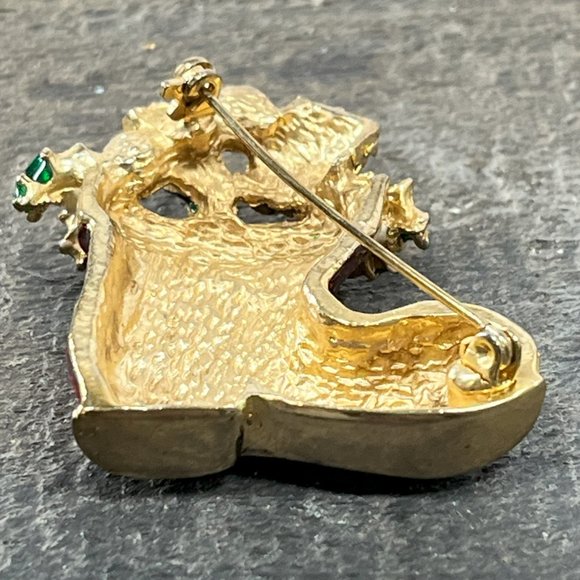 Vintage Jeweled Enamel Christmas Stocking Boot Gold tone Holiday Christmas - Picture 8 of 12